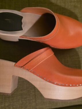 Swedish Hasbeens Orange Leather Clogs